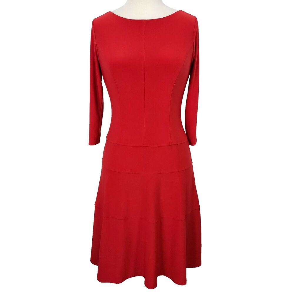 ANNE KLEIN Womens Size 6 Red Fit & Flare Dress Flowy Stretch 3/4 Sleeve